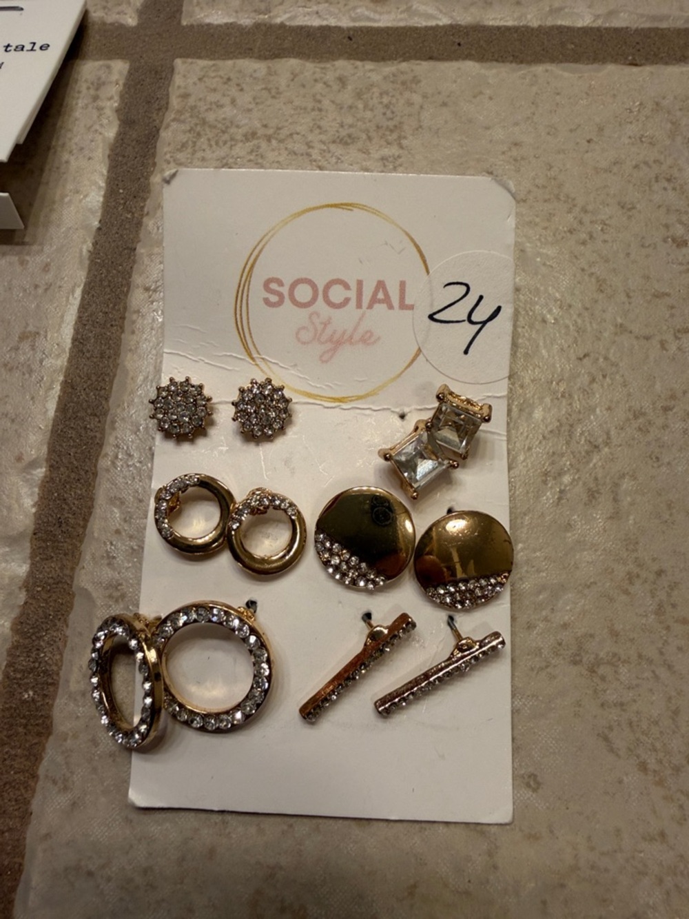 Gold & Clear Crystal Earring Set - 6 Pairs